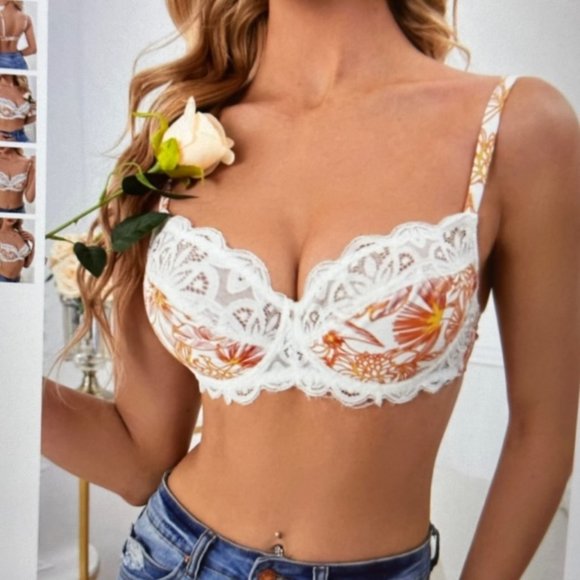 Brand New Floral Print Contrast Lace Scallop Trim Underwire Bra Various - Picture 1 of 4